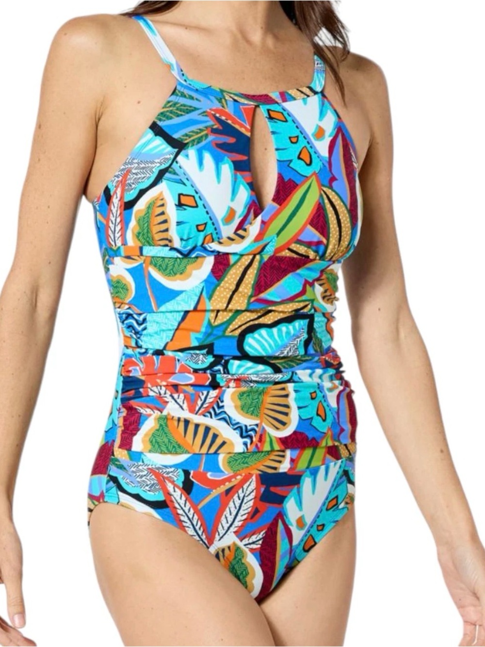Kathy Ireland 1-piece Shirred Swimsuit Size 10 Tropical Blue High Neck Keyhole